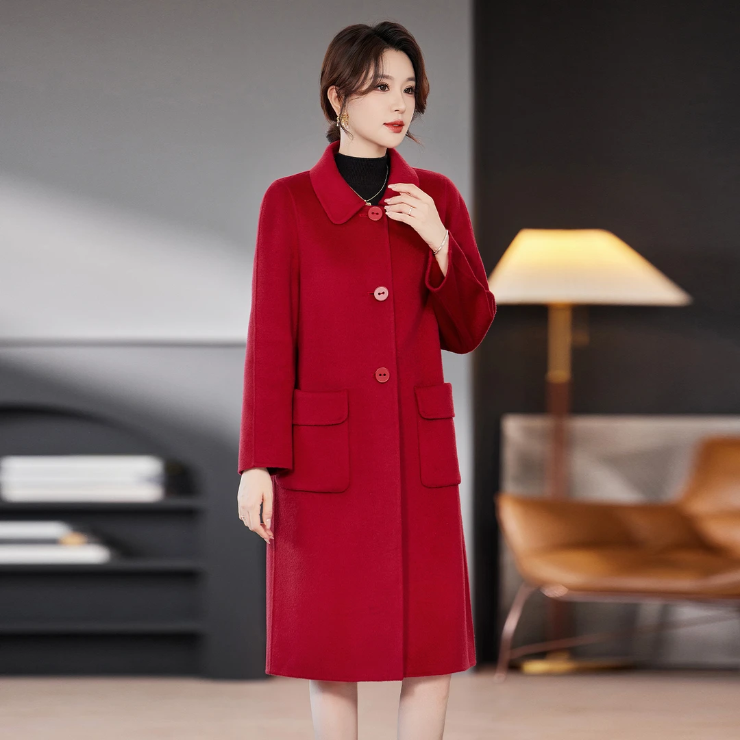 柏菲妮时尚双面羊毛大衣外套女装2025新款秋冬爆款高端气质红色潮