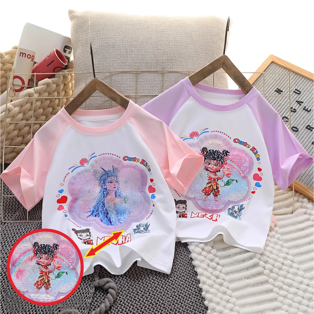 哪吒儿童2025夏季女童亮片变色敖闰宽松短袖t恤女孩敖丙姑姑衣服