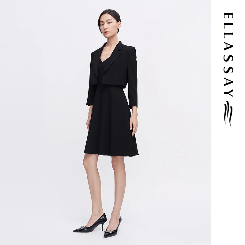 【晨粉专享】歌力思夏款三醋酸气质优雅通勤显瘦小黑裙EWE342Y12000