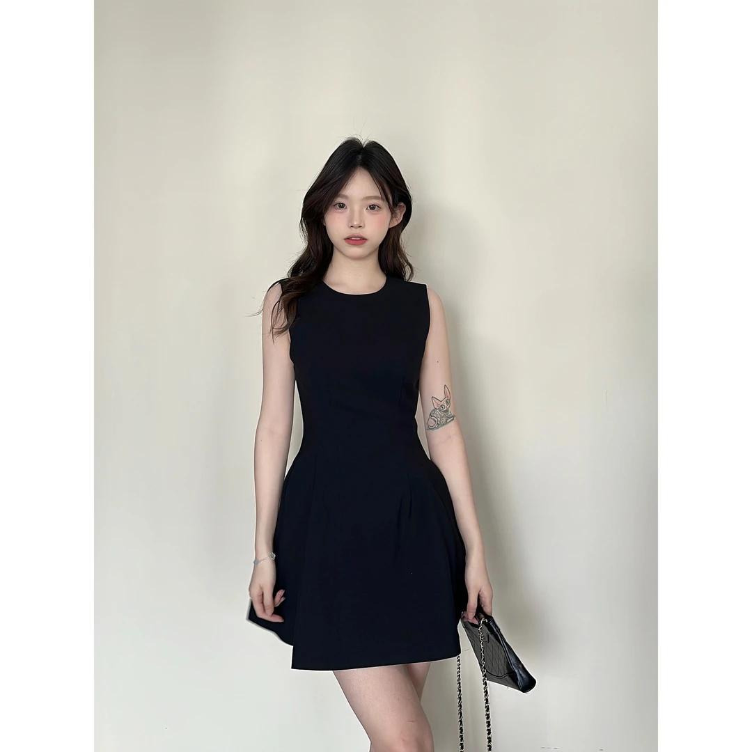 金川川 英式罗马 夏季薄料西装生日裙 赫本风显瘦气质收腰连衣裙