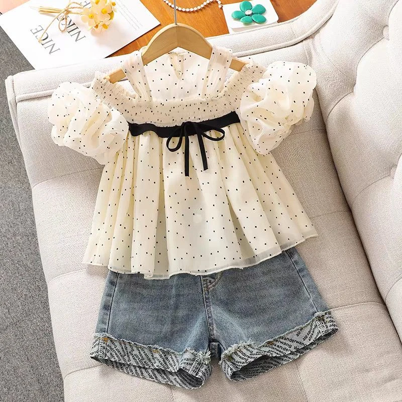 女童夏季新款休闲套装儿童时尚洋气公主风泡泡短袖牛仔短裤两件套
