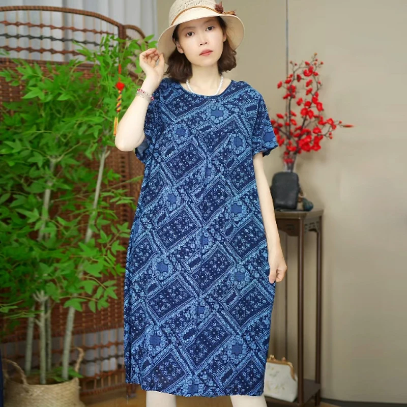 103 蓝色线条 夏季家居睡裙棉绸印花人造棉连衣裙