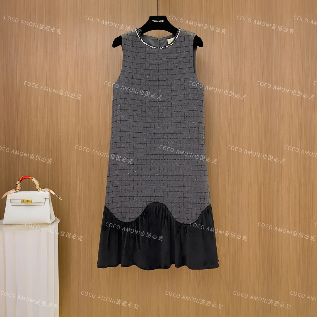 [曼姐]新款设计师爆款小香风女装拼接收腰显瘦气质连衣裙WXH1023