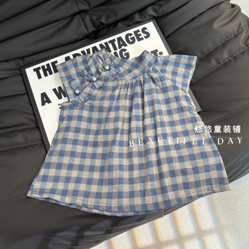 女童夏季新款T恤新中式短袖女宝宝格子短袖百搭上衣