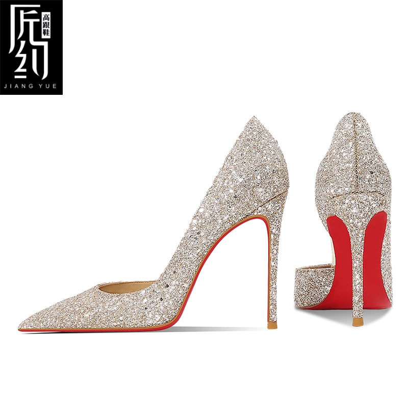 匠约25年新款金色亮片侧空红底高跟鞋女尖头细跟浅口性感宴会单鞋