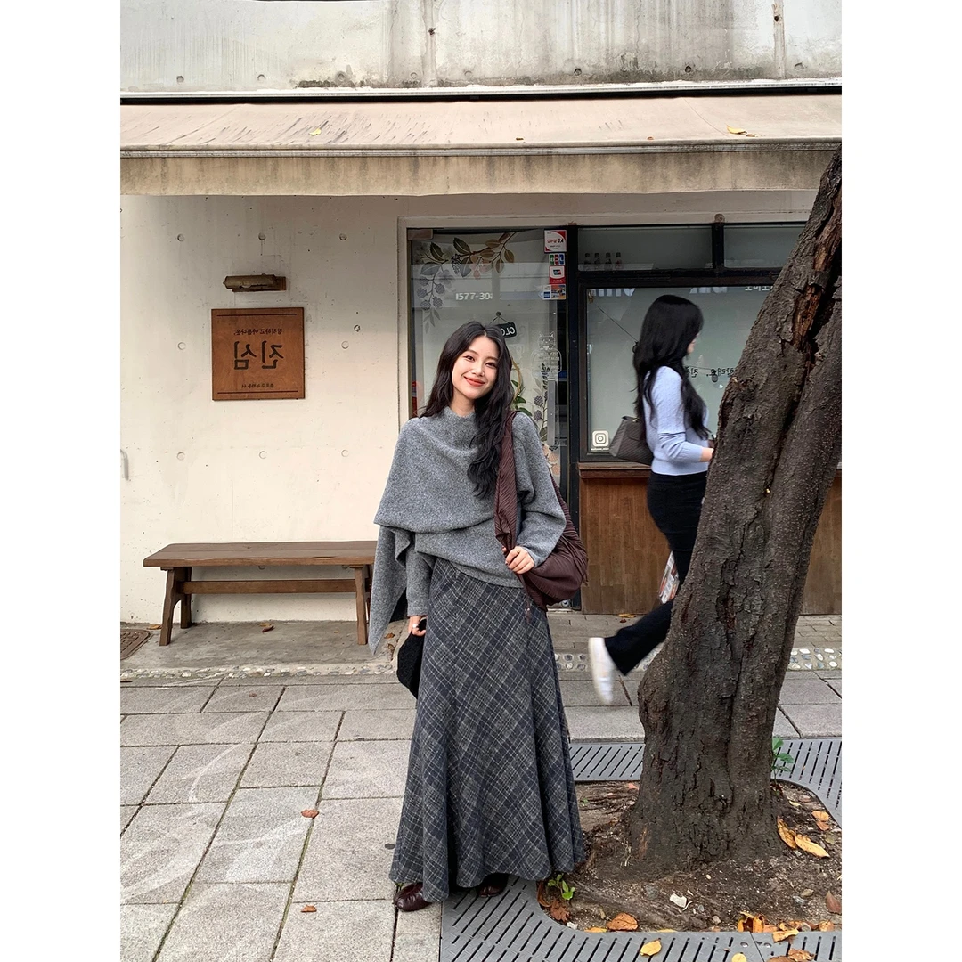 灰色高腰显瘦呢子格纹半身裙女秋冬通勤加厚直筒长裙