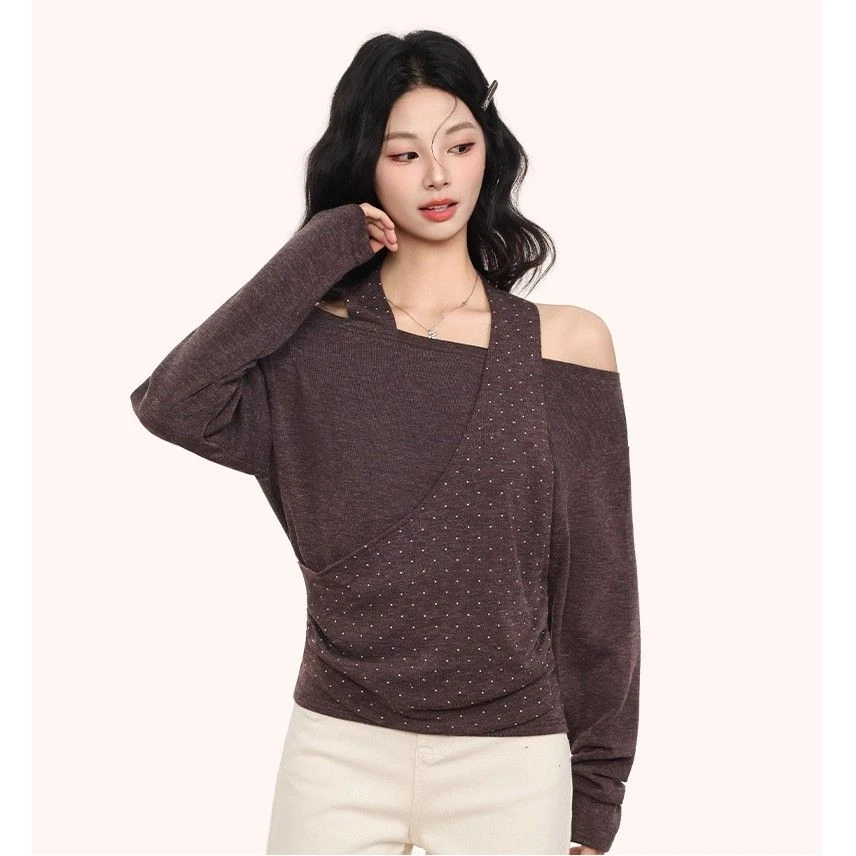 玖玖【原版布】法式设计感长袖T恤女装秋季宽松韩系氛围感露肩上