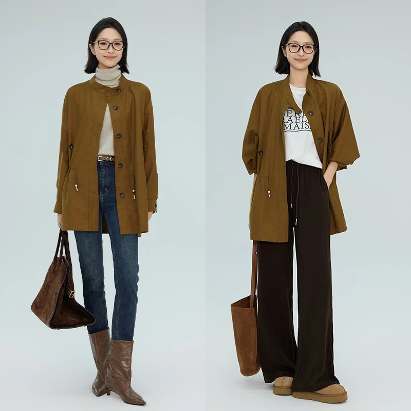 美洋MEIYANG【现货】秋野外套 显白宽松休闲抽绳立领排扣风衣夹克