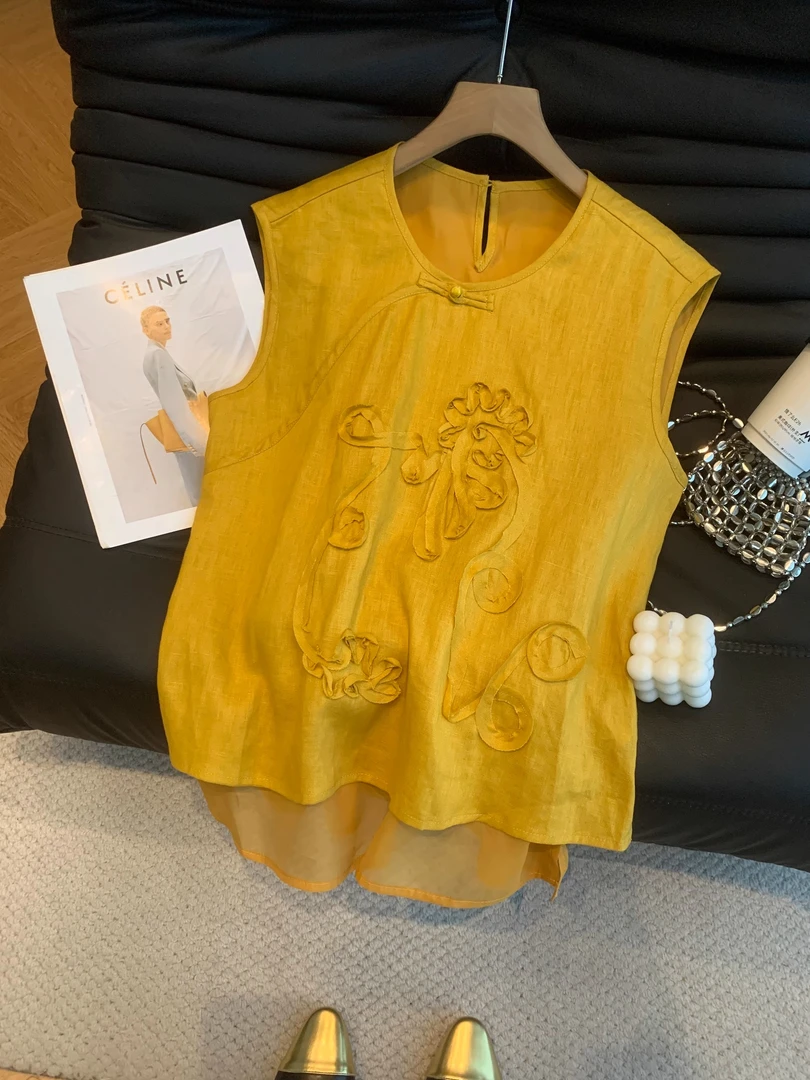 新中式国风盘扣立体装饰无袖背心女2025夏季新款宽松薄纱拼接小衫