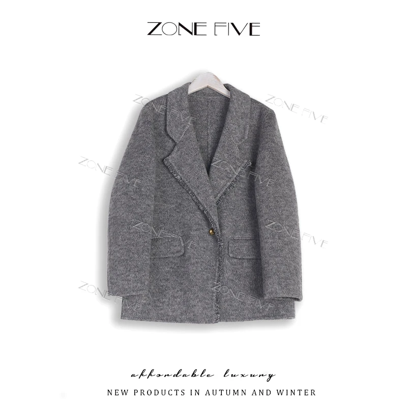 【zonefive】秋冬季百搭双面呢大衣女中长款宽松秋冬毛呢外套8062