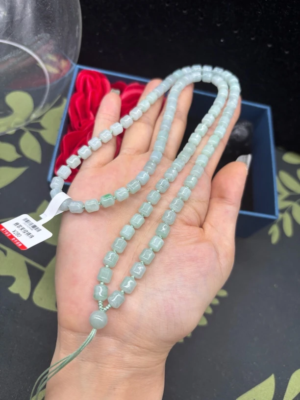 保真天然缅甸A货翡翠糯冰种晴水桶珠6mm玉石珠链挂件绳毛衣链百搭