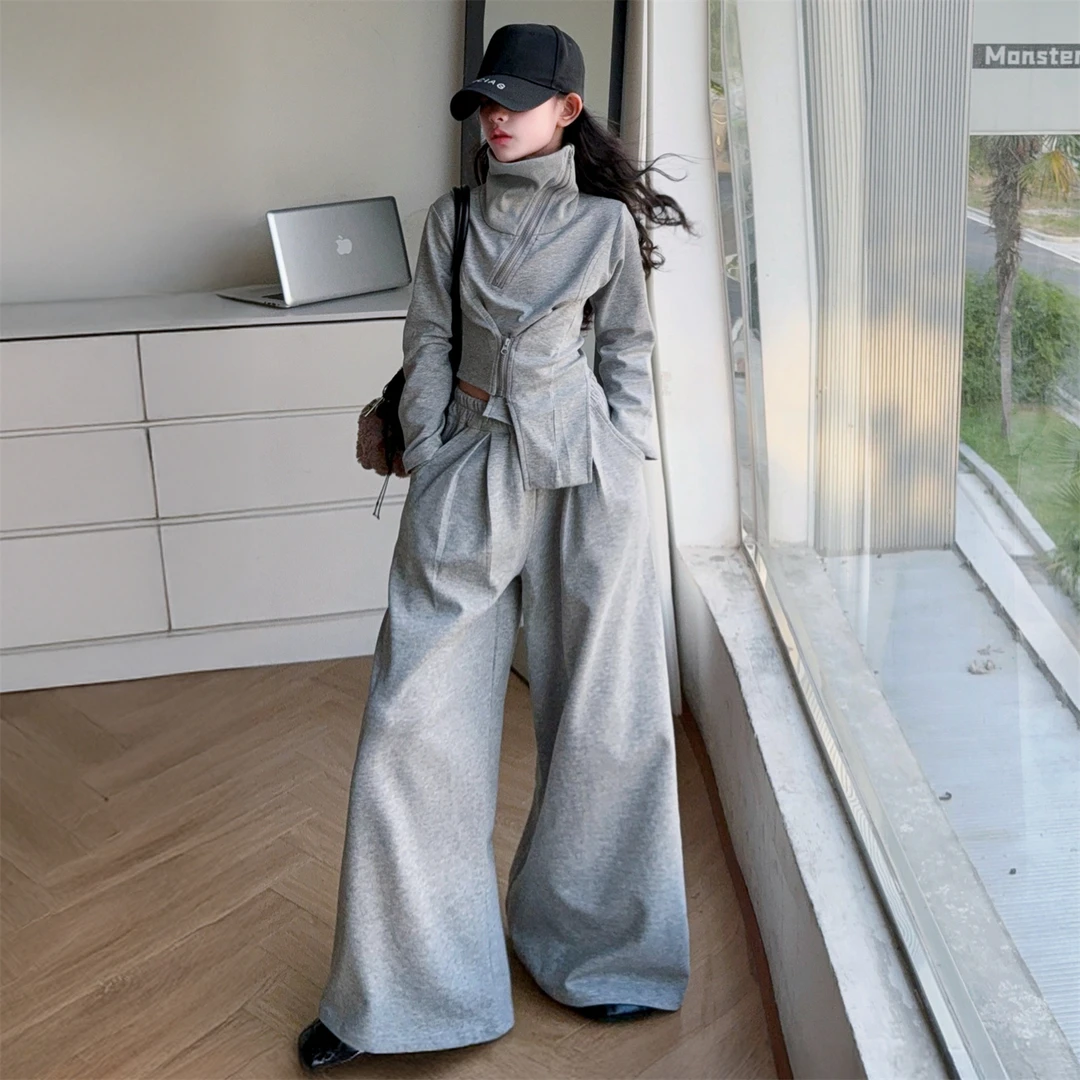 女童韩系穿搭一整套秋装2025新款女孩拉链设计感卫衣阔腿裤两件套