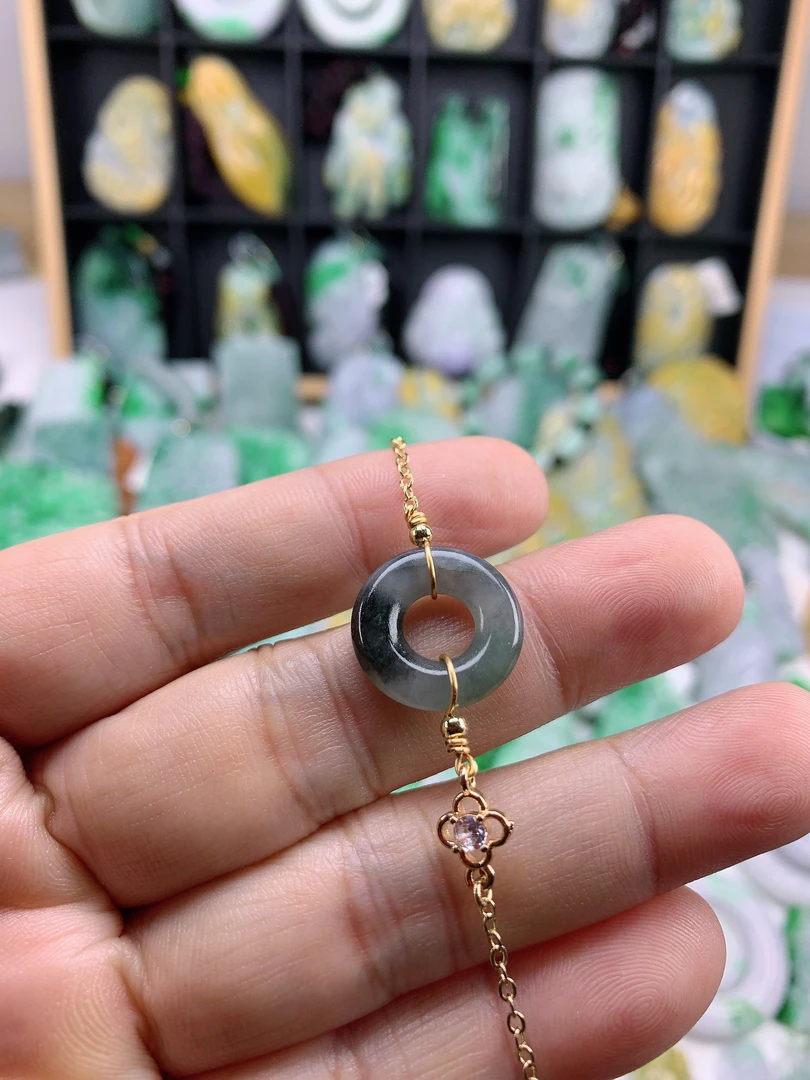 缅甸天然A货翡翠乌鸡种甜甜圈手链F