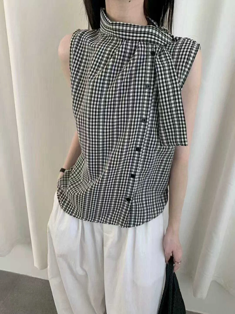 2601挂脖条纹港味女式撞色无袖衬衫百搭上衣athflow风