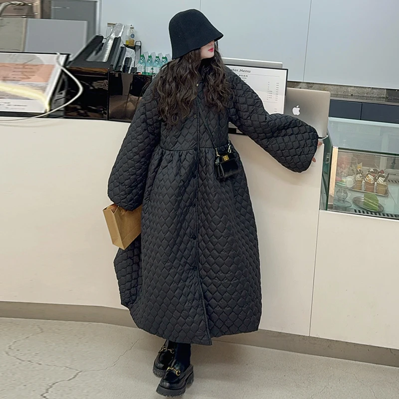 OOTD女童新款冬季设计感过膝长款时髦潮流菱格棉服