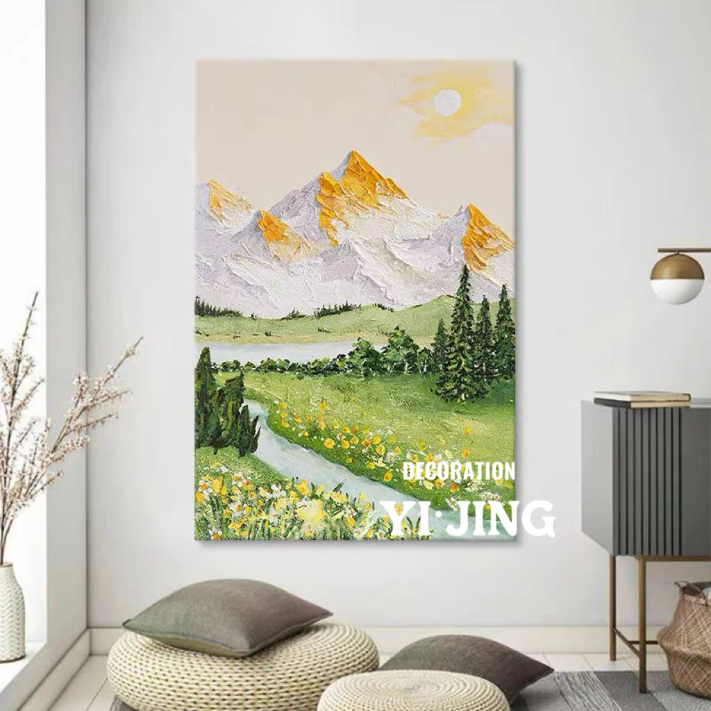 【金山绿水】现代奶油原木简约新中式玄关客厅走廊沙发挂画手工砂岩
