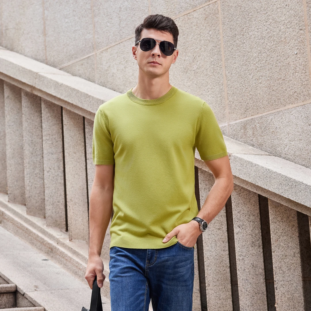 抗起球仿羊春秋绒针织男士短袖T恤圆领纯色打底简约基础通勤轻熟