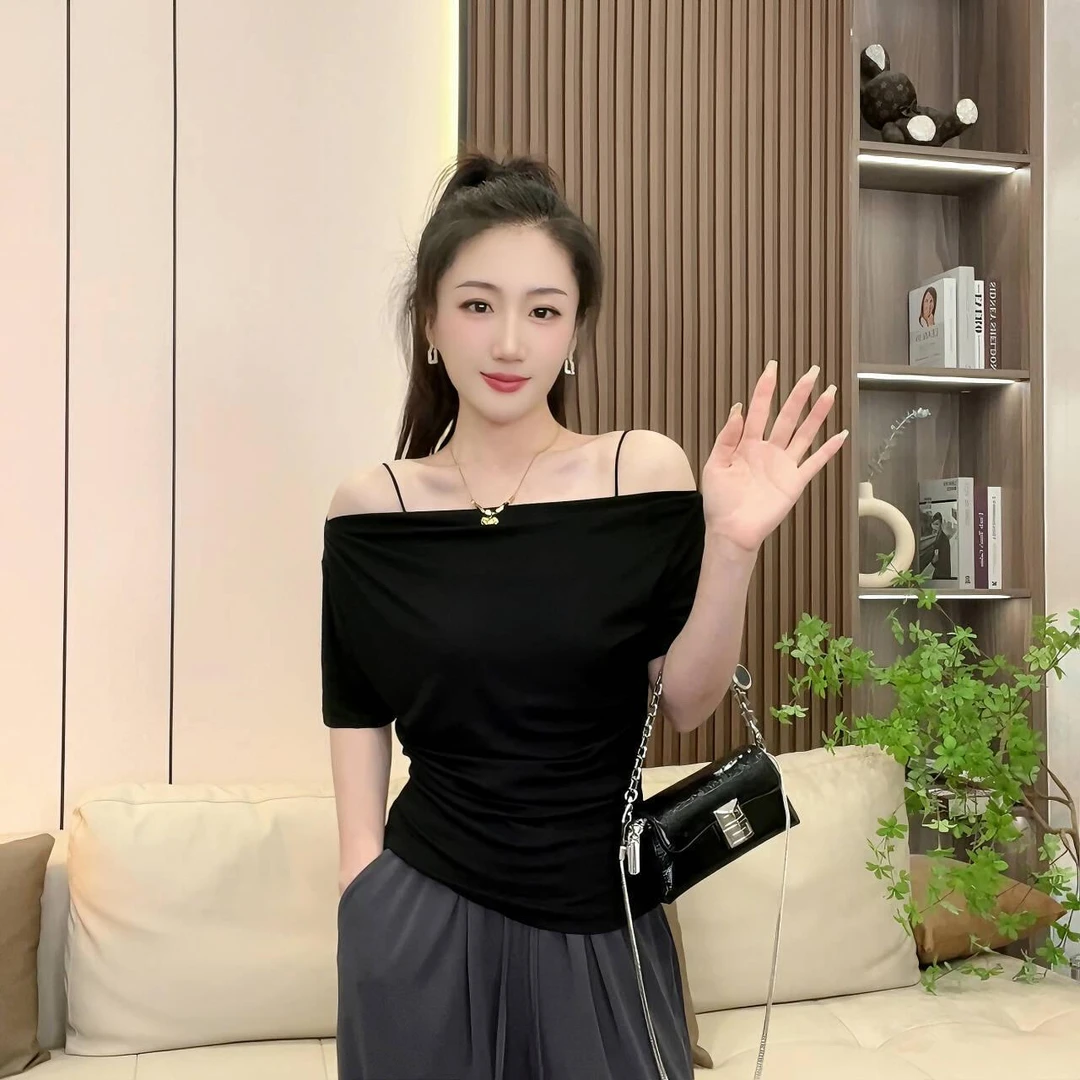莫代尔黑色荡领短袖T恤女新款夏季修身设计感辣妹纯欲一字肩上衣