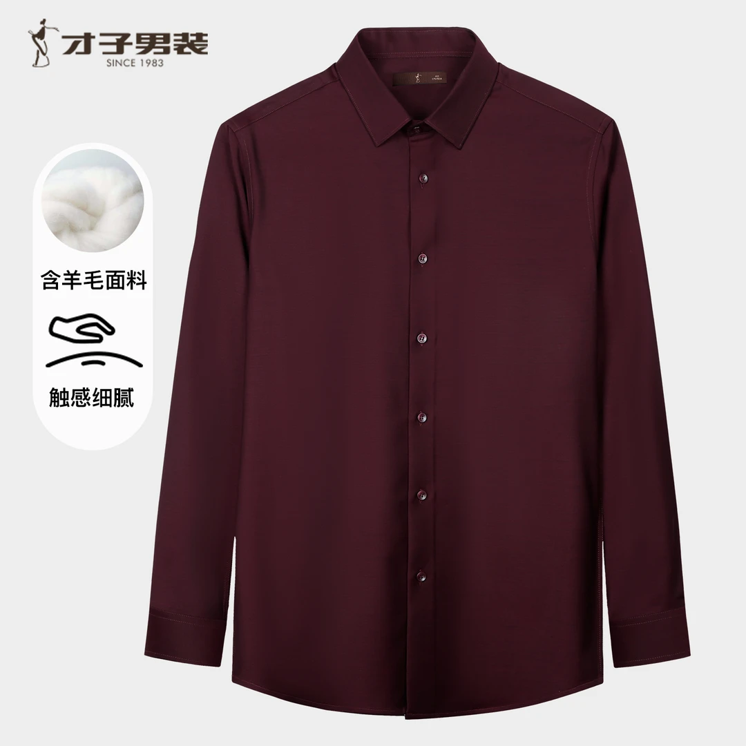 才子早秋保暖时尚商务休闲职场打底内搭长袖优质绵羊毛衬衫男士款