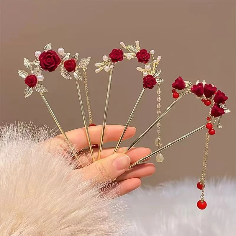 玫瑰花新款流苏发簪新娘发钗盘发簪子古风后脑勺中式汉服高级头饰
