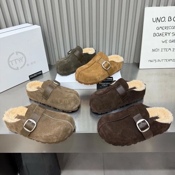 景90-6新款内增高反绒皮皮代扣羊毛垫博肯包头拖底厚4公分舒适