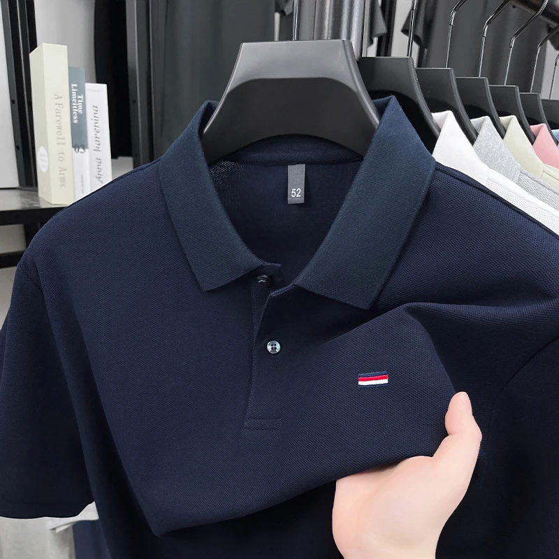 100%纯棉短袖t恤男士翻领2025夏季新款中年纯色polo衫上衣打底衫