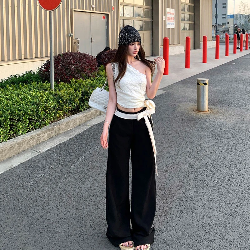 夏季新款时尚蕾丝斜肩蝴蝶结镂空背心上衣腰部撞色显瘦阔腿裤套装