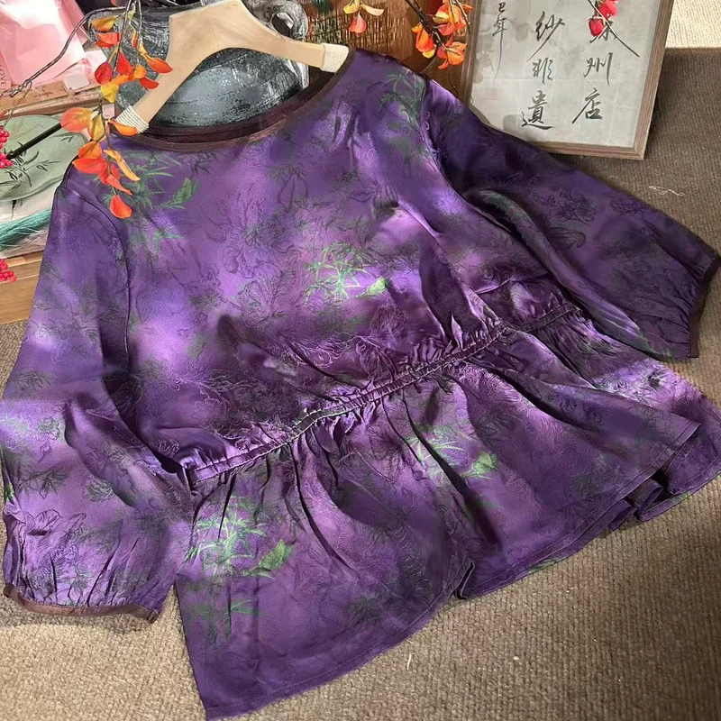 夏季新款新中式国风宽松圆领提花收腰套头上衣