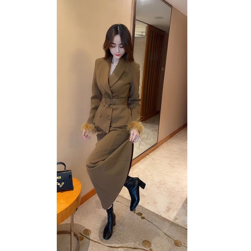 名媛风气质洋气收腰双排扣毛毛袖毛呢西装外套女鱼尾半身裙套装裙