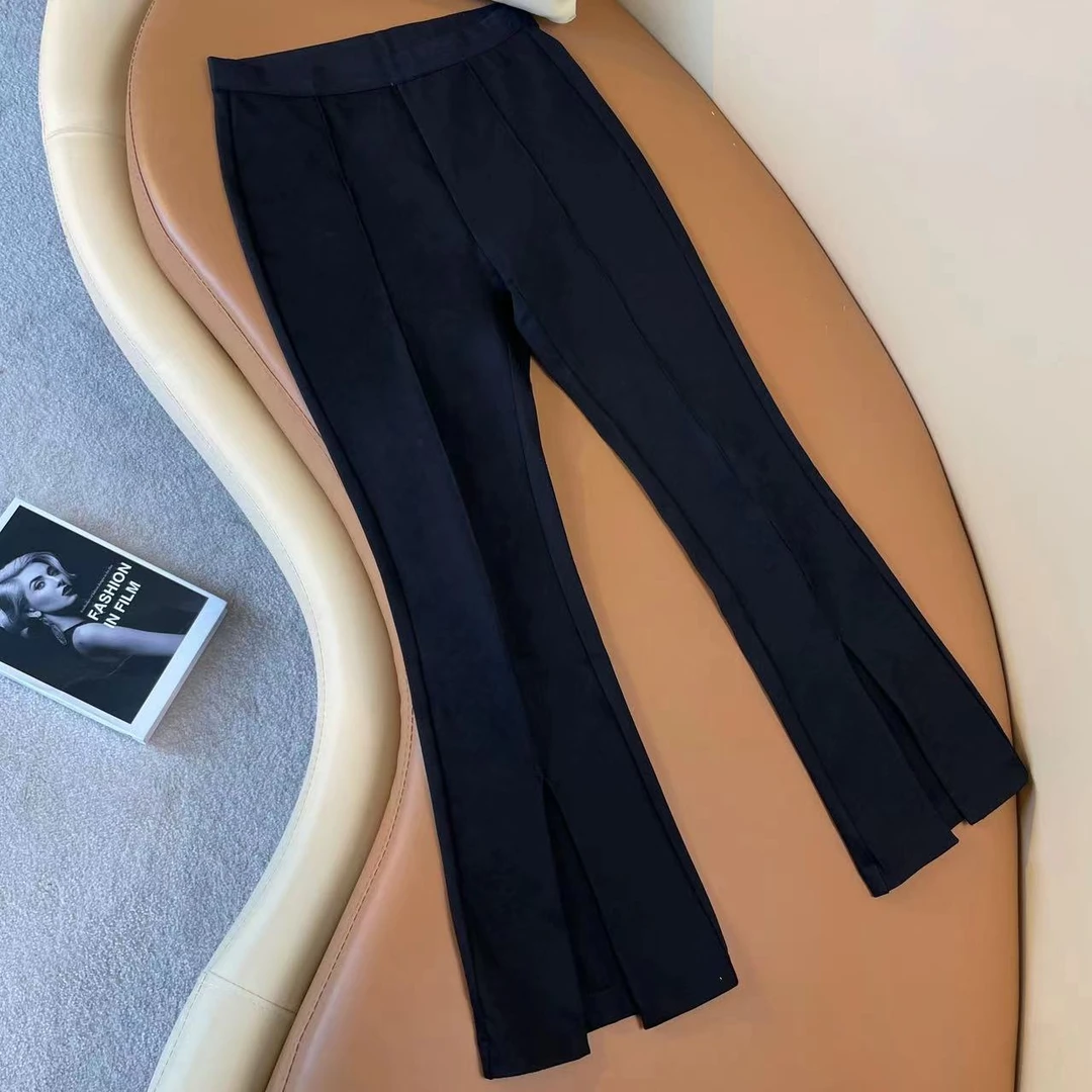 春秋显瘦时尚休闲百搭黑色开叉微喇裤九分微喇叭