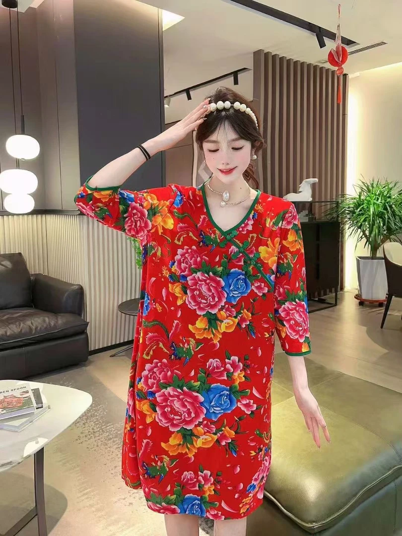 大码睡裙家居服女士夏季新款宽松盘扣国风女款时尚休闲加大可外