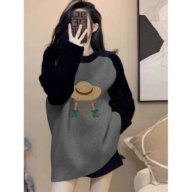 中长款宽松休闲搭配鲨鱼裤撞色德绒磨毛加厚长袖t恤女装百搭上衣