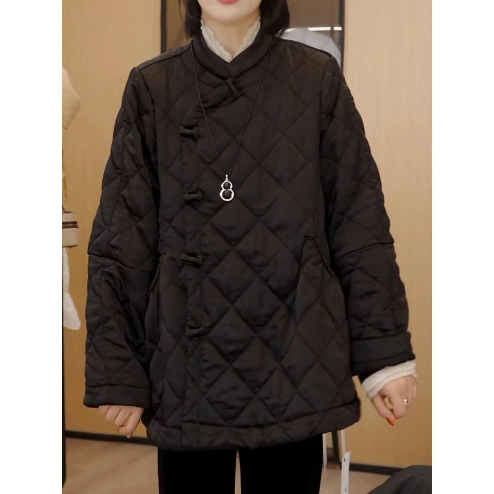 高档时尚百搭宽松棉服外套女2025秋冬新款中式国风盘扣棉袄大衣