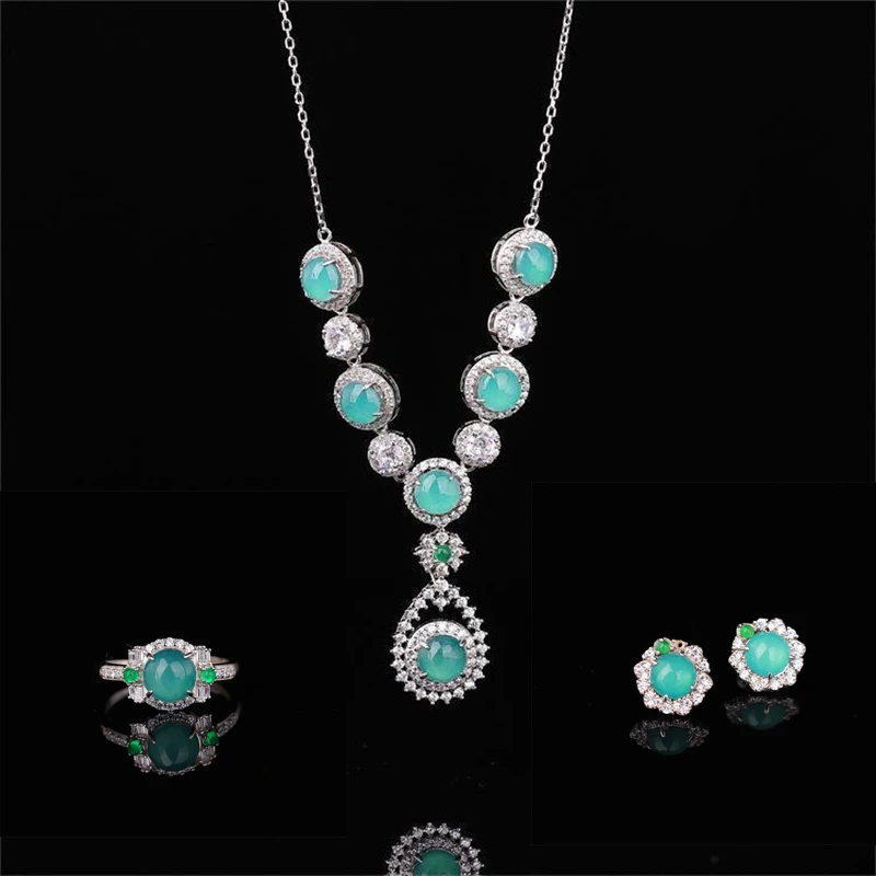 S925银翡翠晚晏项链/耳环/戒指/多样性发其一