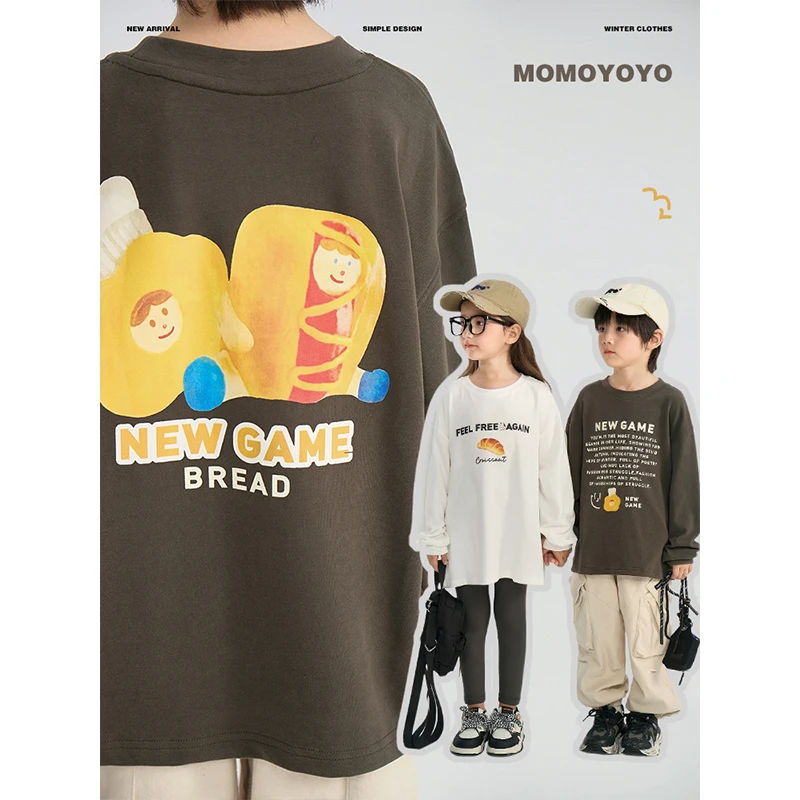 辰辰妈【面包屋】反季儿童趣味印花T恤男女童长袖宽松内搭上衣6463D