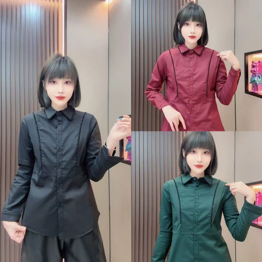 敏宝＋6077保暖纯色长袖加绒极简风纽扣衬衫POLO领静奢风学院风