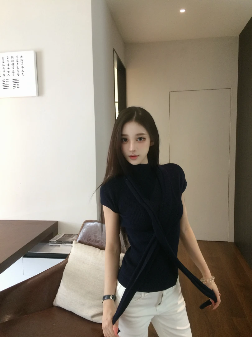 【五美丽】夏季新款圆领纯色显瘦短袖设计感百搭上衣配披肩WX0039