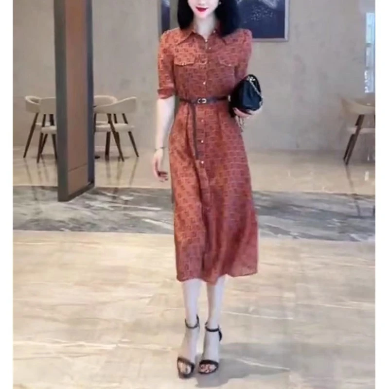 夏季新款法式时尚翻领修身显瘦中长款连衣裙