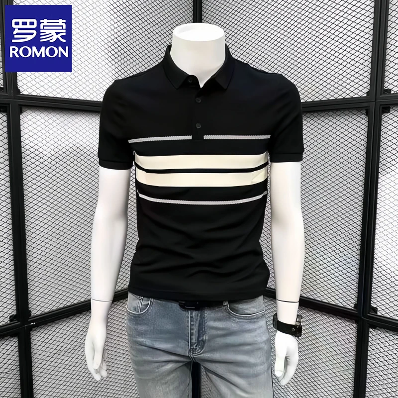 Romon/罗蒙夏季新款条纹短袖Polo衫男士翻领撞色拼接上衣修身体恤