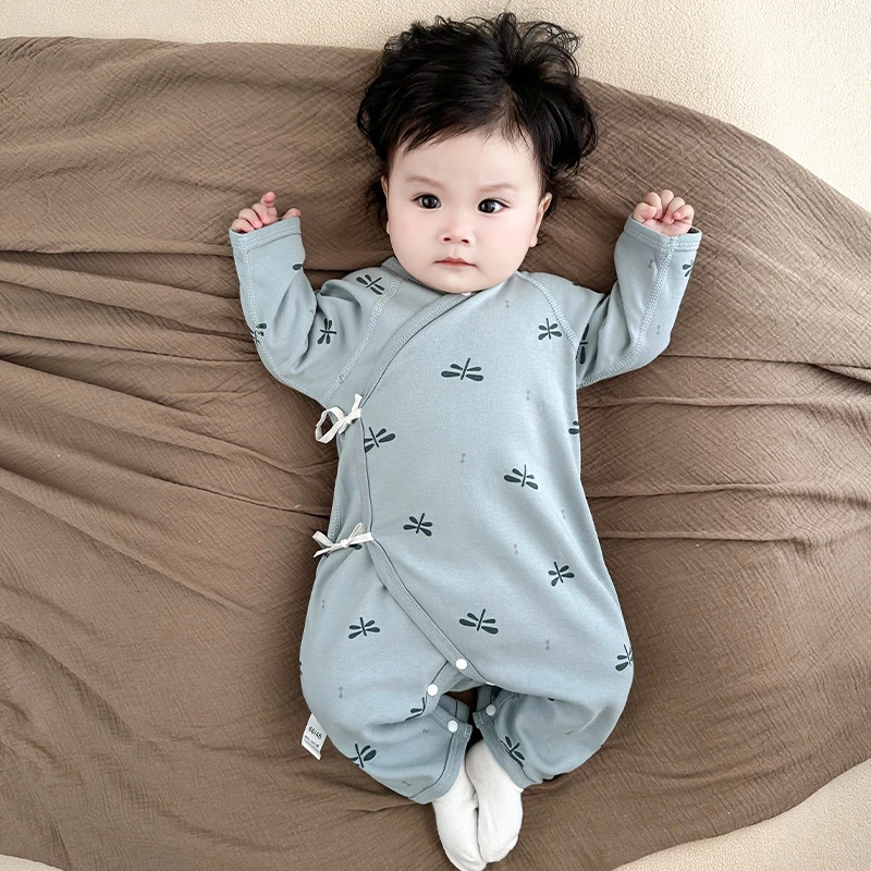 婴儿蝴蝶衣纯棉双层护肚春秋长袖男女宝宝幼儿哈衣A类连身衣0-1岁