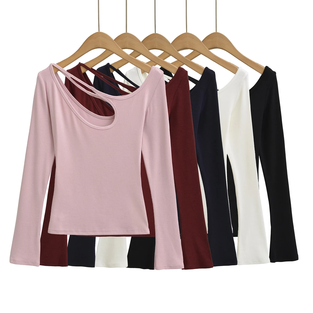 25100纯欲辣妹斜领纯色T恤女秋季新款修身显瘦百搭高级感气质上衣