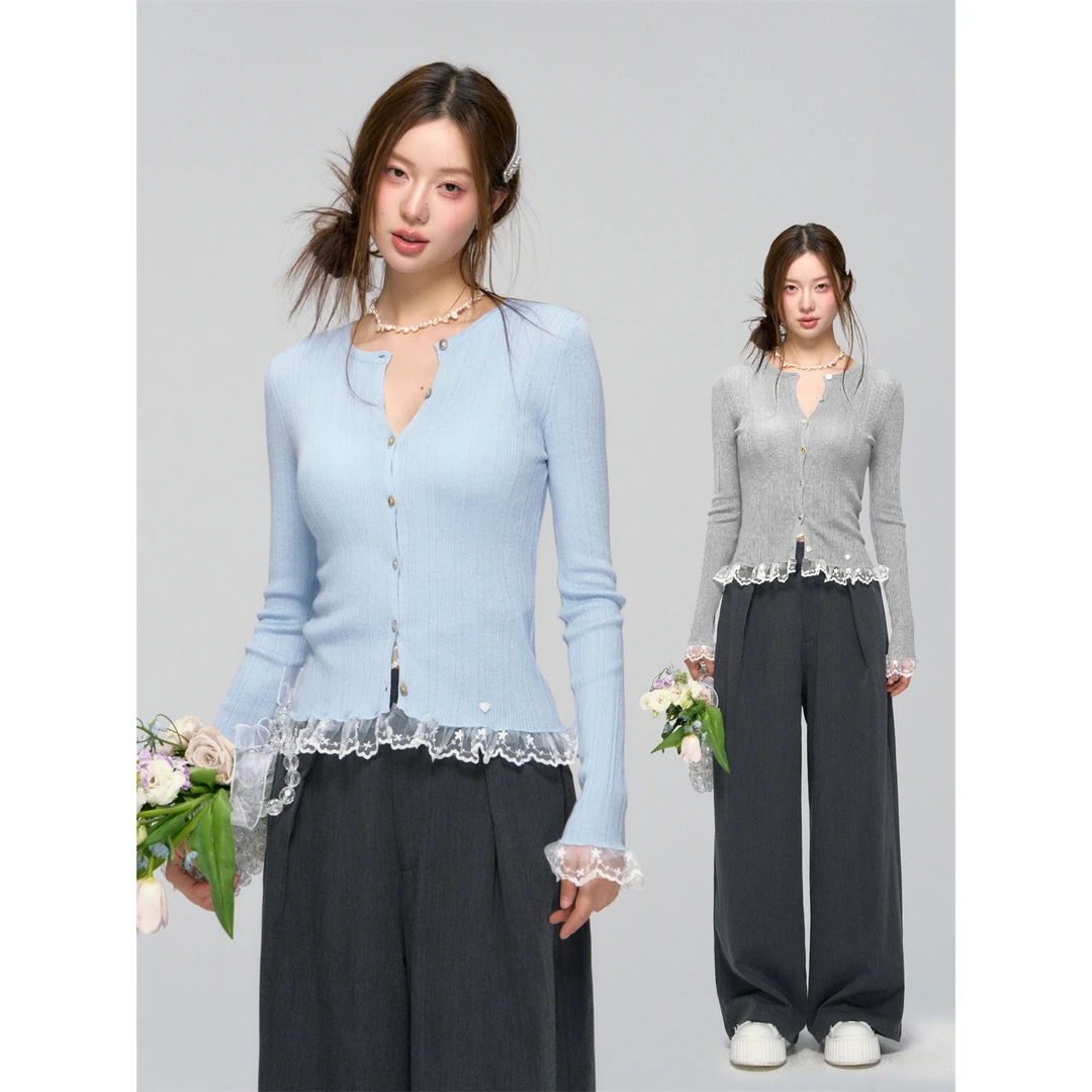 AsGony蕾丝波浪边下摆袖口拼接打底女春休闲修身显瘦针织开衫上衣