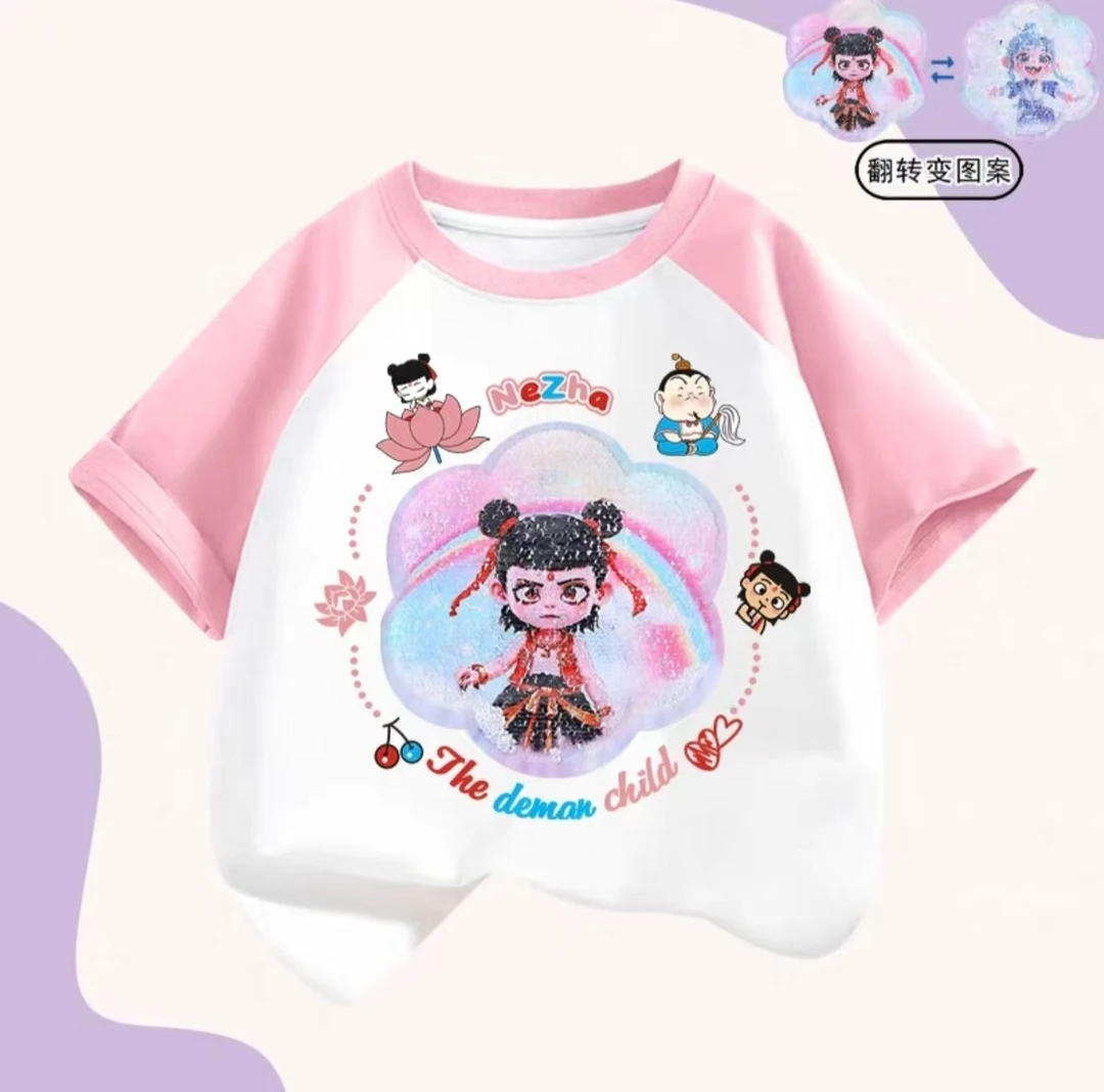 男女童翻转亮片变脸短袖T恤夏季新款纯棉插肩袖变脸短袖儿童女孩