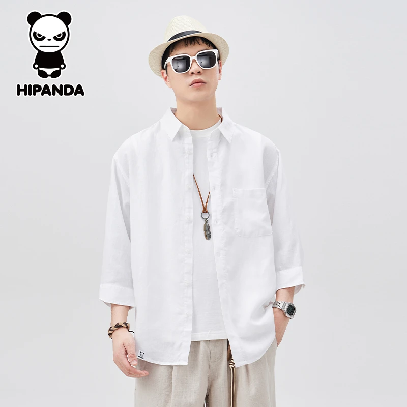 你好熊猫天丝亚麻七分袖衬衫男士秋季休闲百搭慵懒风上衣