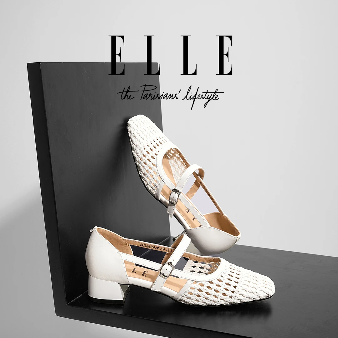 ELLE法式复古镂空编织真皮方头单鞋女气质百搭粗低跟洞洞玛丽珍鞋