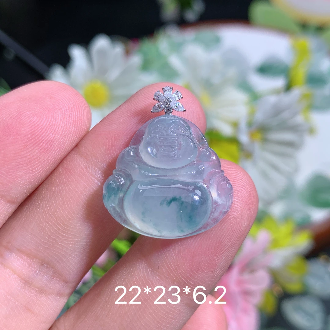 缅甸天然翡翠A货冰种飘蓝花佛公吊坠刘百搭气质精美精致雕刻女士