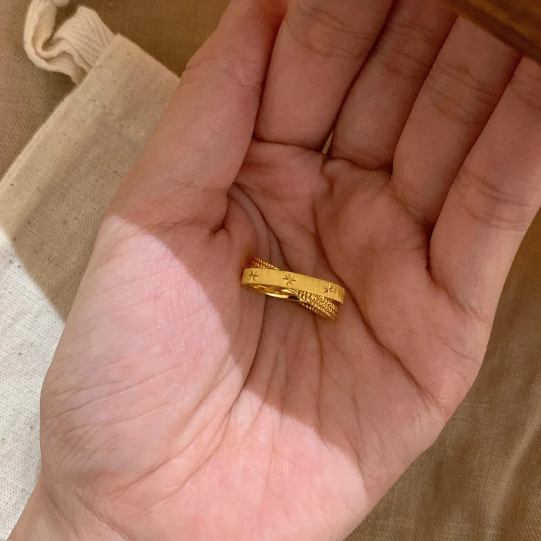 铜合金戒指 水星记双环金色星芒戒指女复古精致轻奢小众设计指环