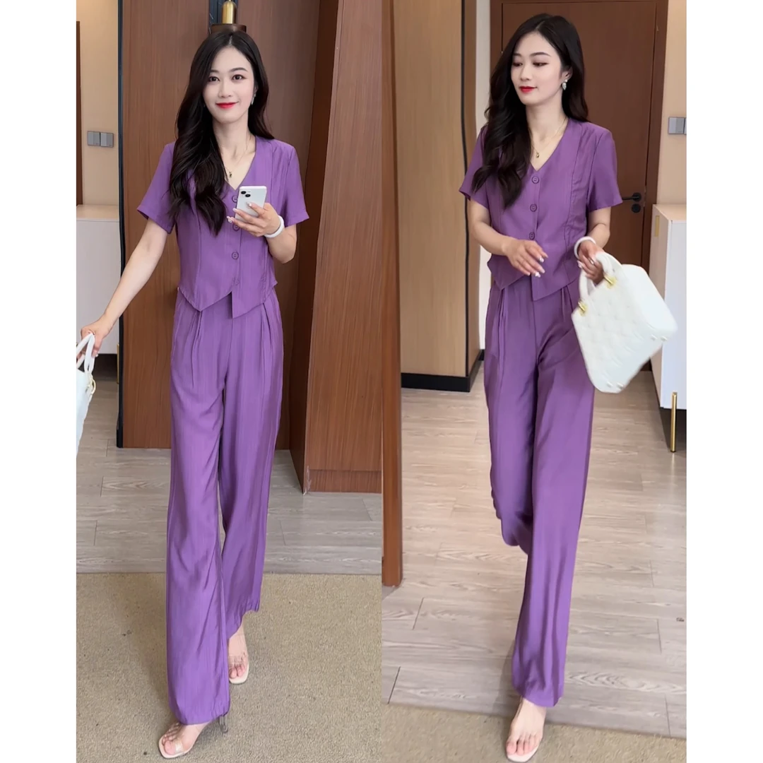高级感紫色套装女2025夏季新款时髦气质显瘦短袖垂感阔腿裤两件套