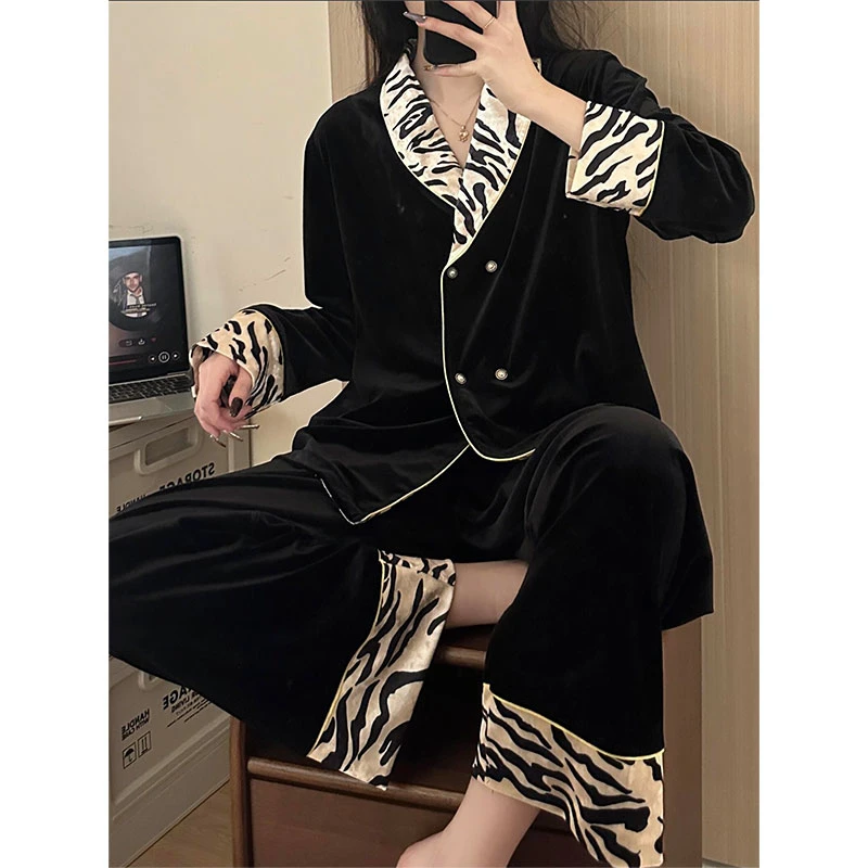 法式轻奢斑马纹金丝绒睡衣女秋冬新款名媛风保暖可外穿家居服套装