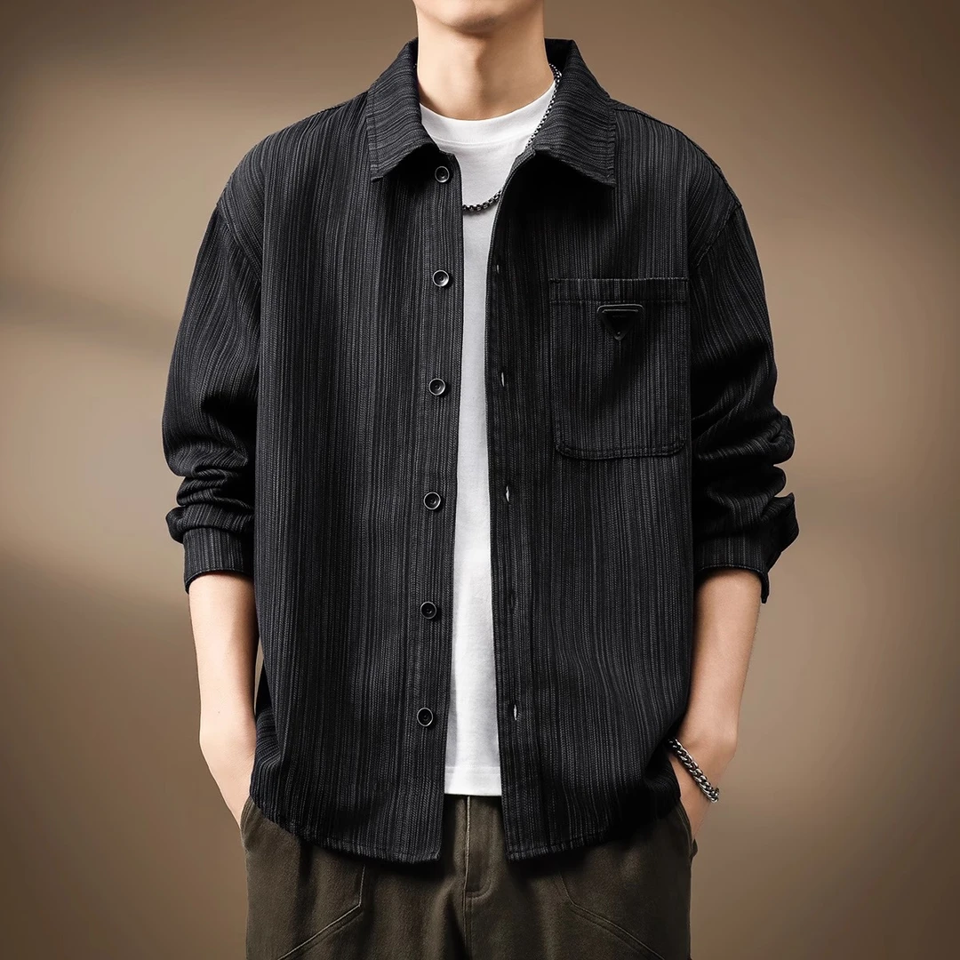 GTRT日系竹节纹衬衫外套男士男装宽松大码工装衬衣长袖牛仔休闲